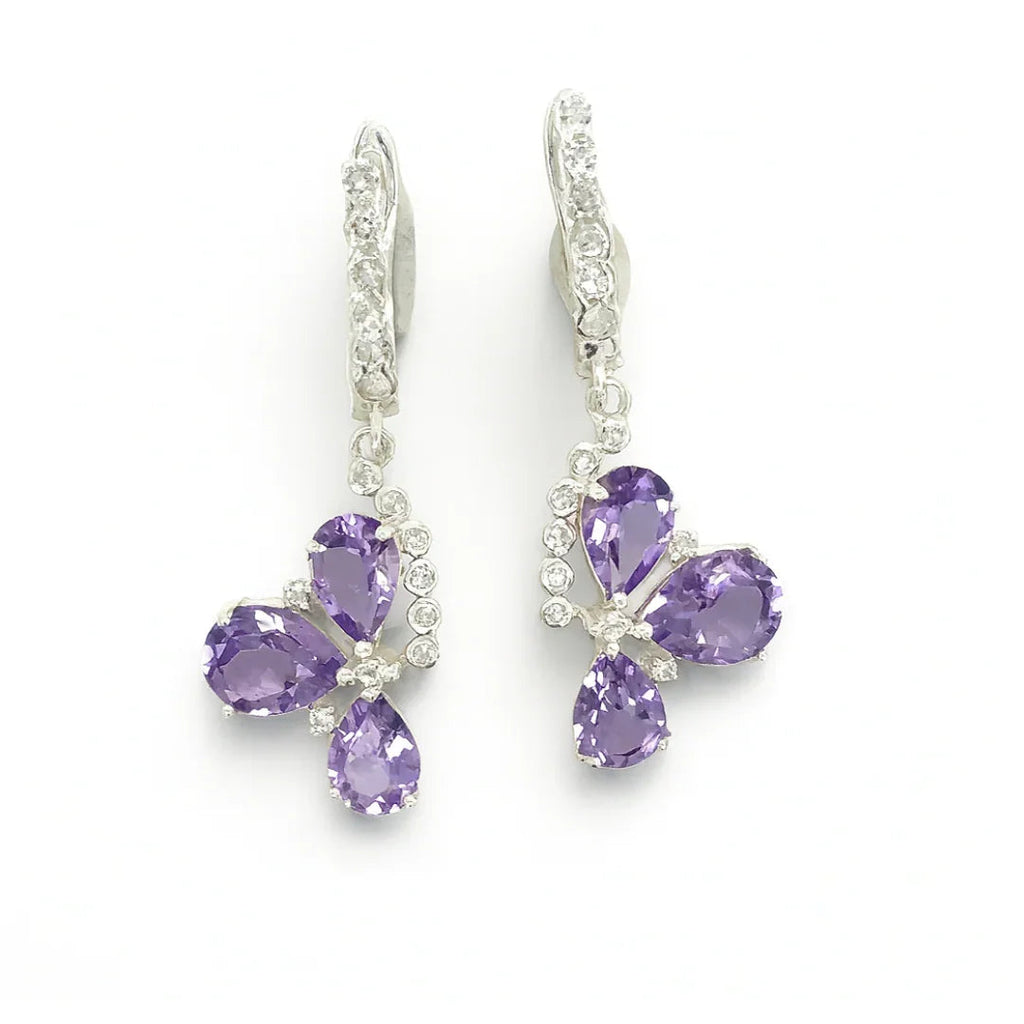 Natural Amethyst Three Stone Silver Dangle Earrings