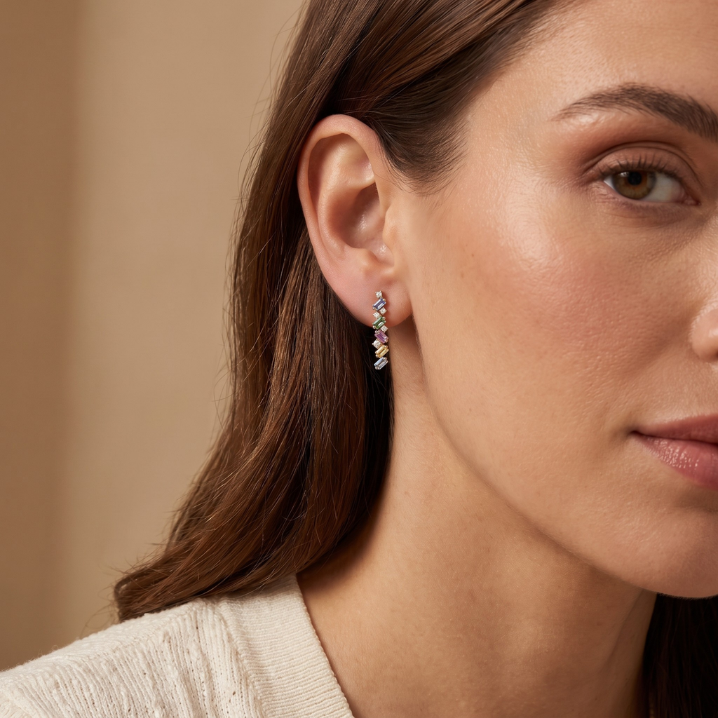 IGI Certified 0.97 Ct Multi Color Unheated Sapphire and Diamond 14K Yellow Gold Zigzag Drop Earrings