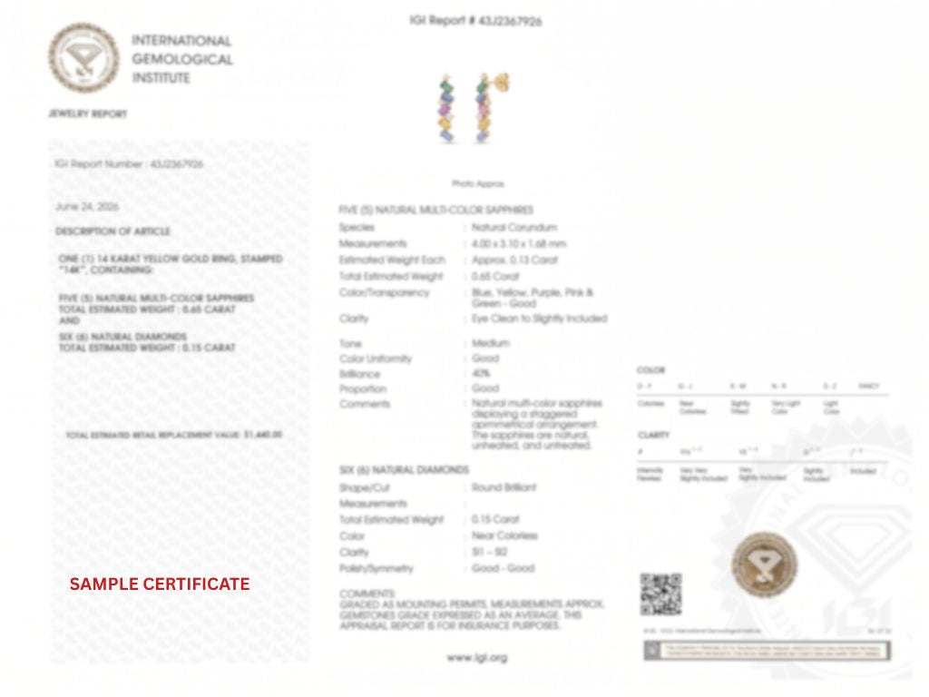 IGI Certified 0.97 Ct Multi Color Unheated Sapphire and Diamond 14K Yellow Gold Zigzag Drop Earrings