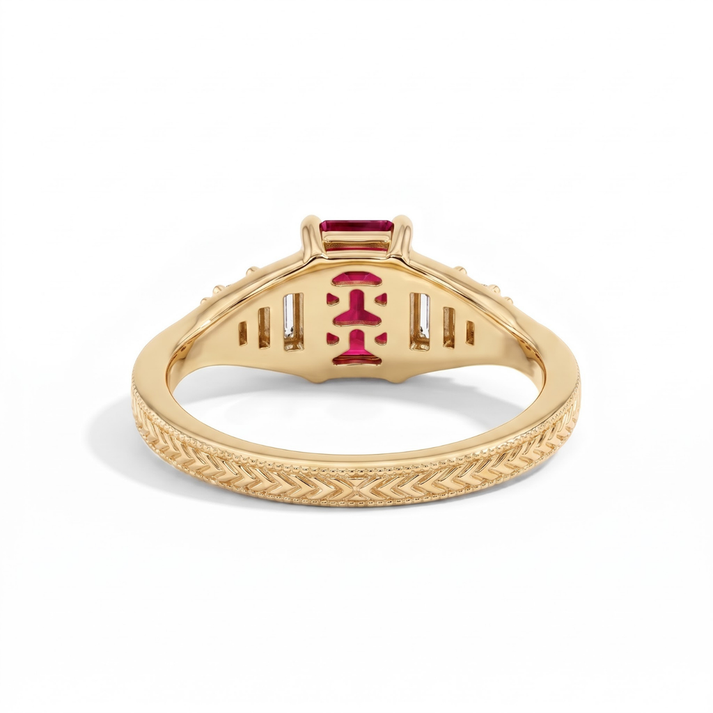 Octagon Sapphire, Emerald, Ruby and Lab Diamond 14K Yellow Gold Tapered Band Engagement Ring