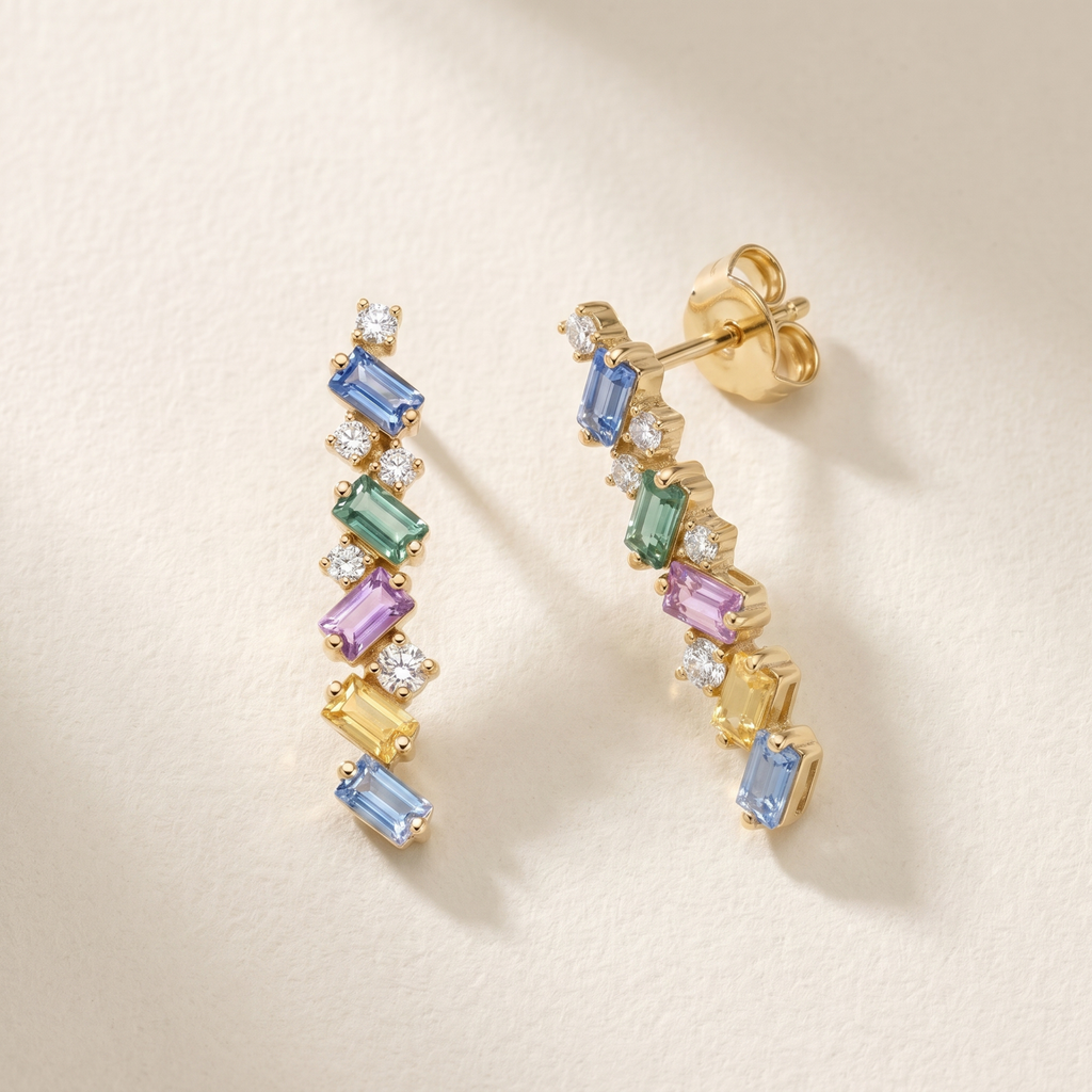IGI Certified 0.97 Ct Multi Color Unheated Sapphire and Diamond 14K Yellow Gold Zigzag Drop Earrings