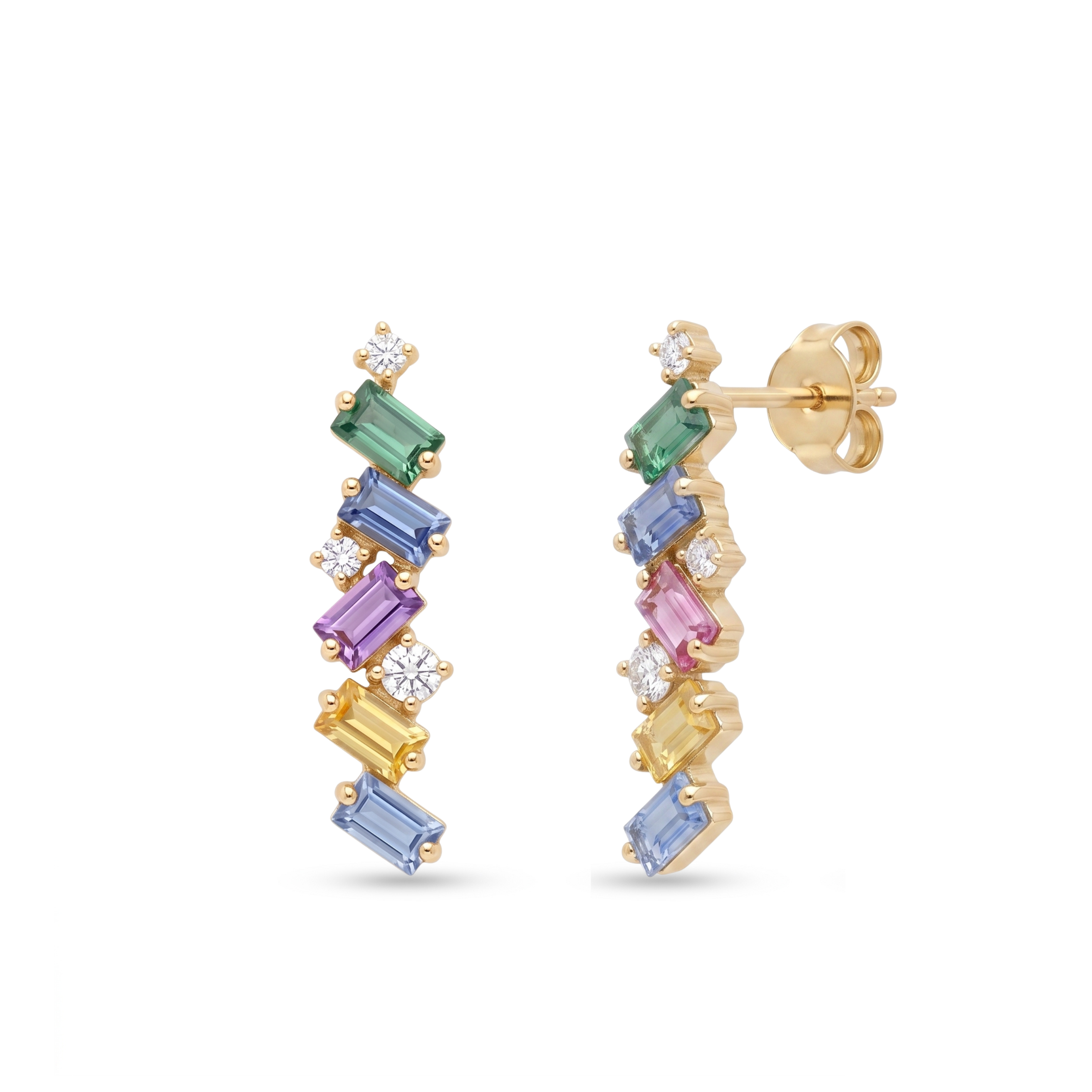 IGI Certified 0.96 Ct Multi Color Unheated Sapphire and Diamond 14K Gold Zigzag Drop Earrings