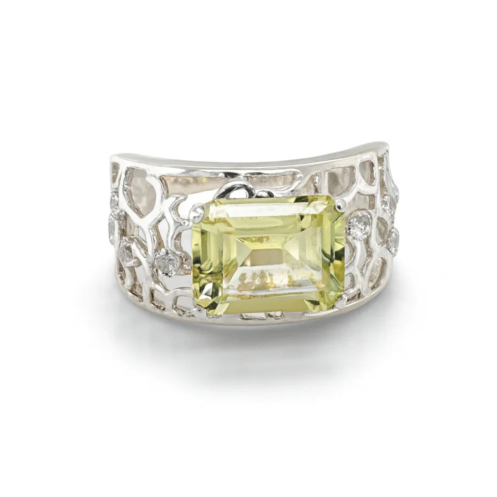 Emerald Cut Lemon Quartz Silver Filigree Ring
