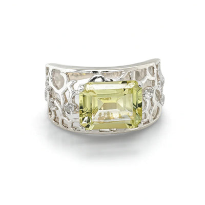 Emerald Cut Lemon Quartz Silver Filigree Ring