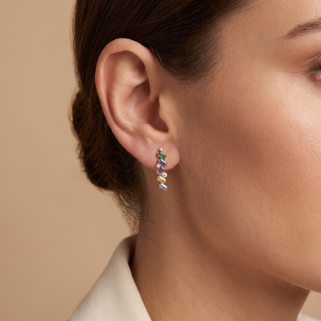 IGI Certified 0.96 Ct Multi Color Unheated Sapphire and Diamond 14K Gold Zigzag Drop Earrings