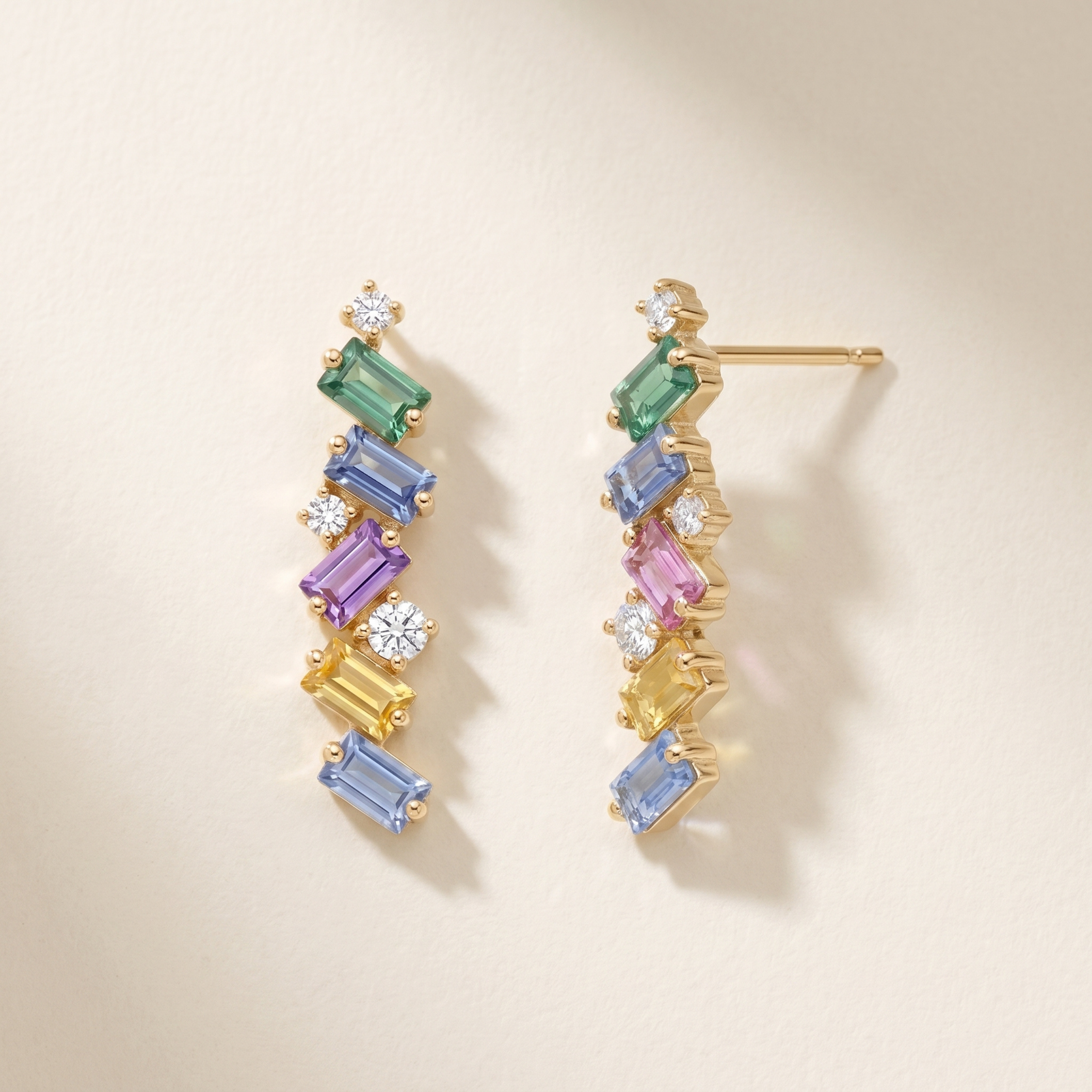 IGI Certified 0.96 Ct Multi Color Unheated Sapphire and Diamond 14K Gold Zigzag Drop Earrings