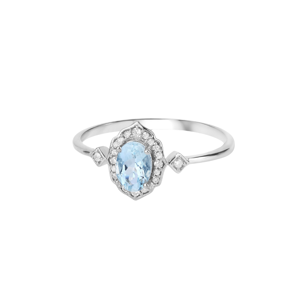Genuine Blue Aquamarine and Diamond 14K White Gold Ring