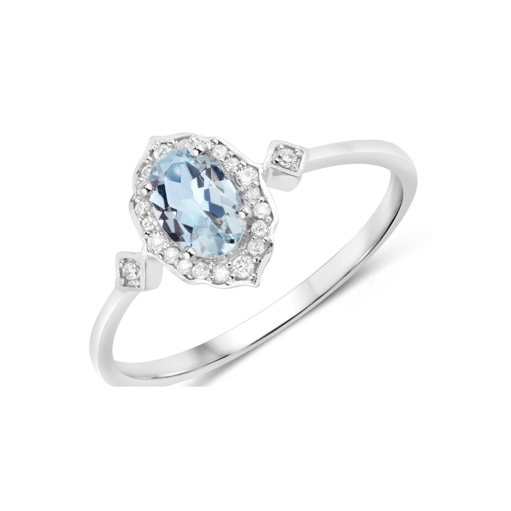 Genuine Blue Aquamarine and Diamond 14K White Gold Ring