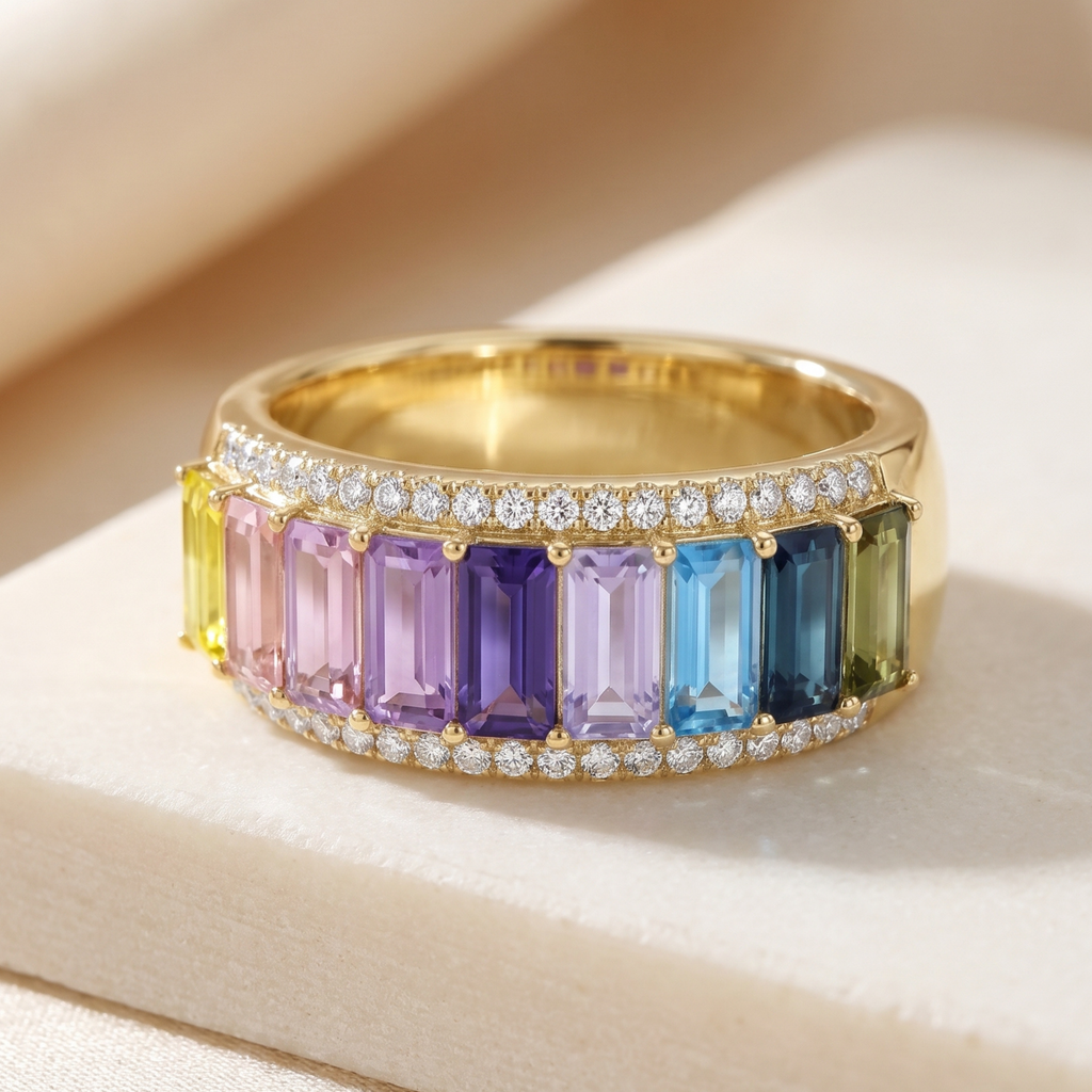 IGI Certified 2.35 Ct Baguette Multi Color Unheated Sapphire and Diamond 14K Gold Eternity Engagement Band Ring