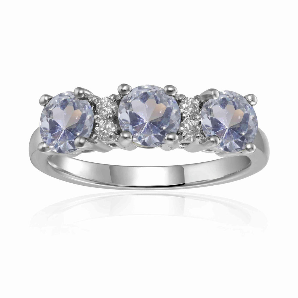 Three Stone Ring, Round Aquamarine Ring for Women, 925 Sterling Silver Gift For Her