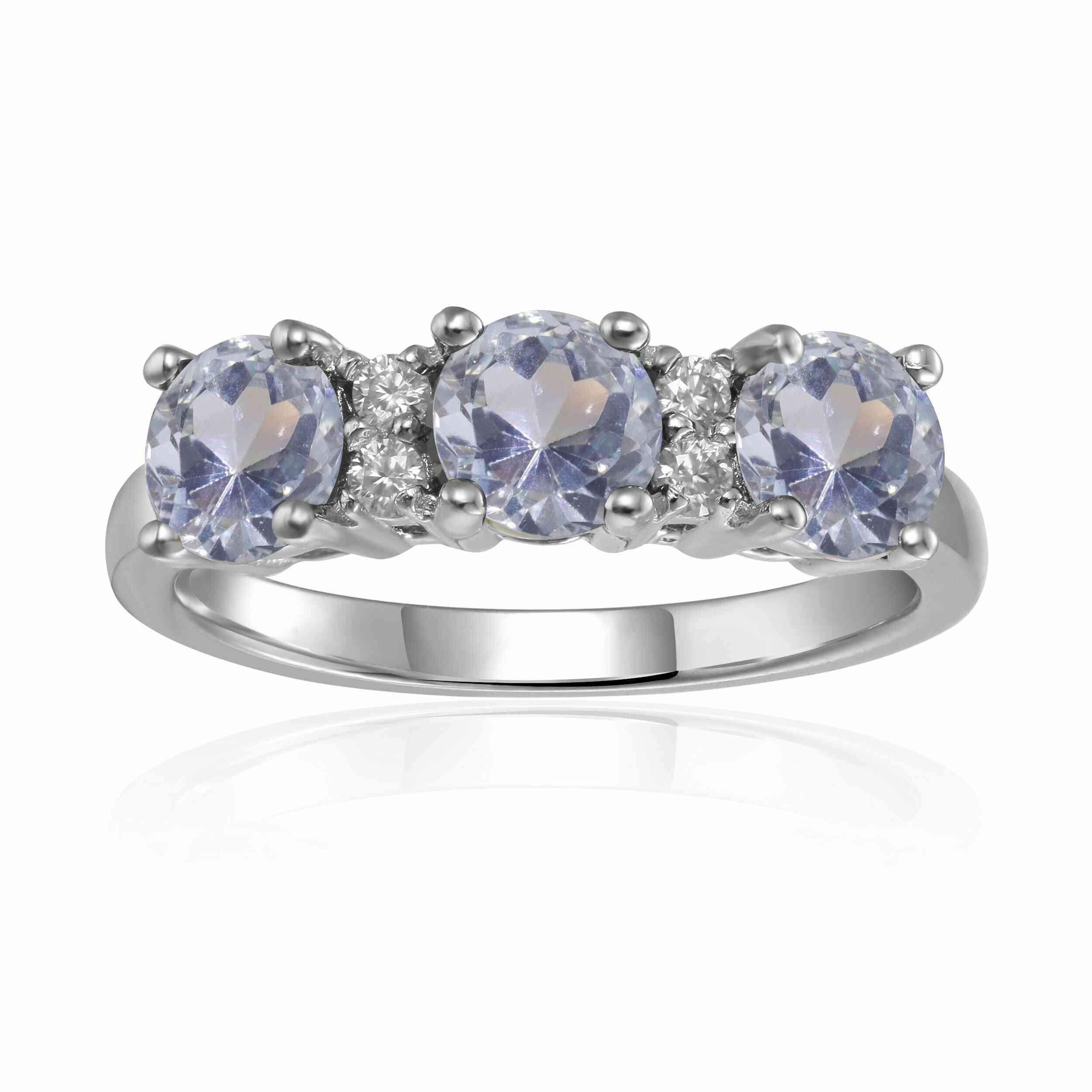 Three Stone Ring, Round Aquamarine Ring for Women, 925 Sterling Silver Gift For Her