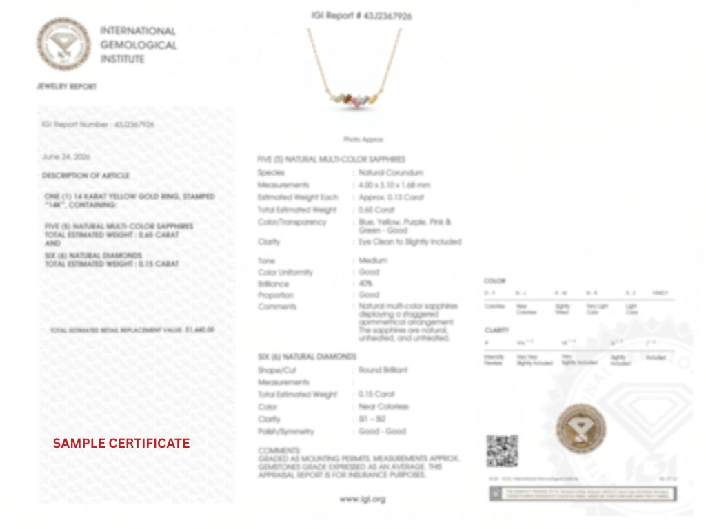 IGI Certified 0.64 Ct Baguette Multi Color Unheated Sapphire and Diamond 14K Yellow Gold Asymmetrical Bar Necklace