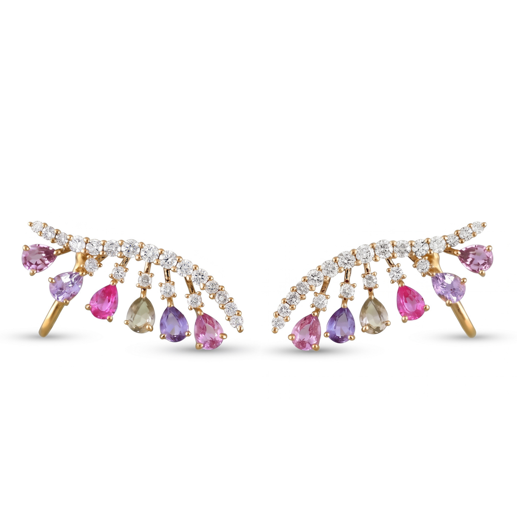 IGI Certified 2.01 Ct Pear Multi Color Unheated Sapphire and Diamond 14K Yellow Gold Ear Crawler Earrings
