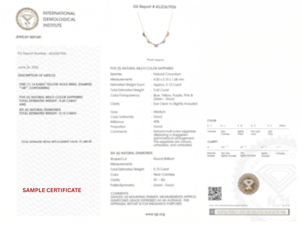 IGI Certified 1.80 Ct Multi Color Unheated Sapphire and Diamond 14K Yellow Gold Curved Necklace