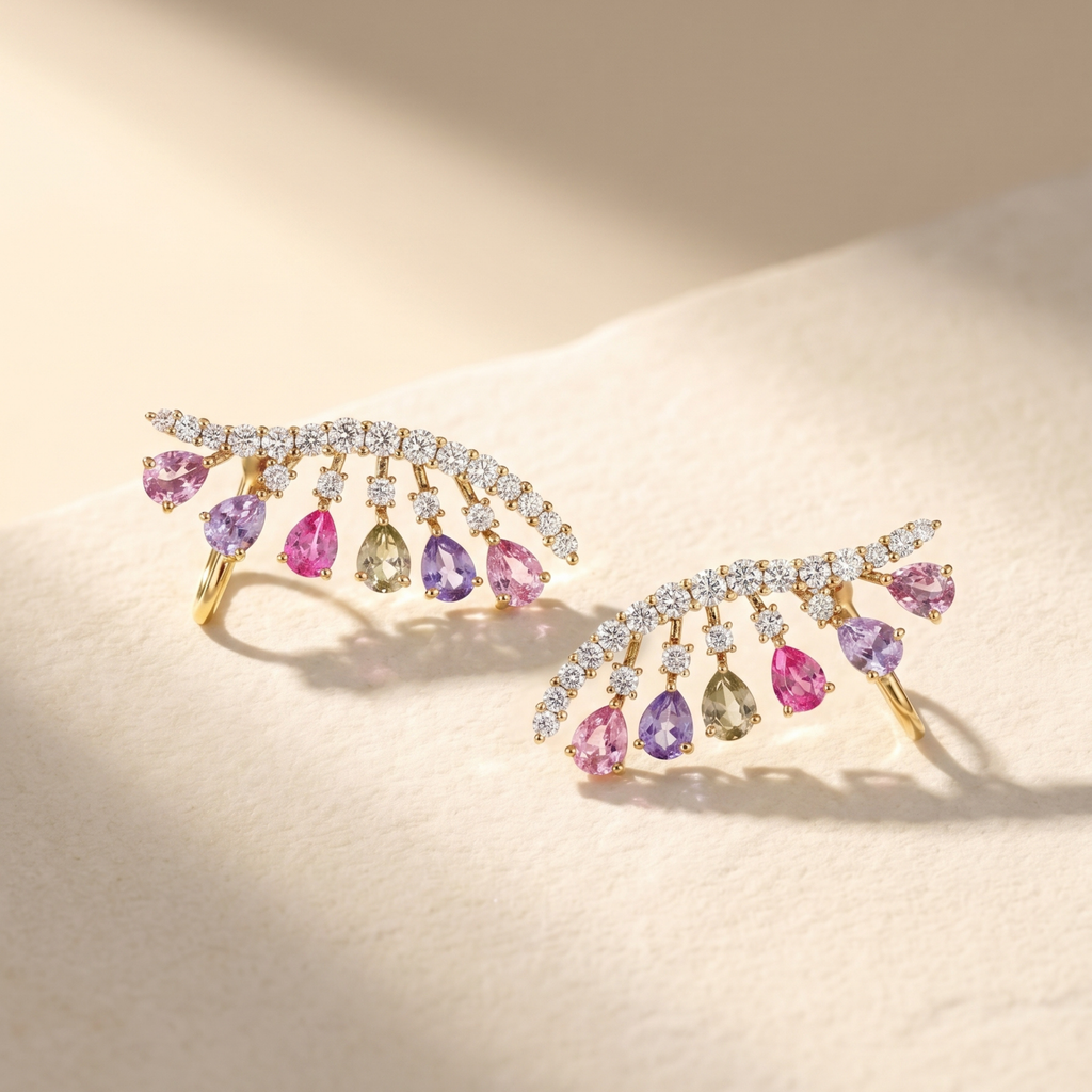IGI Certified 2.01 Ct Pear Multi Color Unheated Sapphire and Diamond 14K Yellow Gold Ear Crawler Earrings