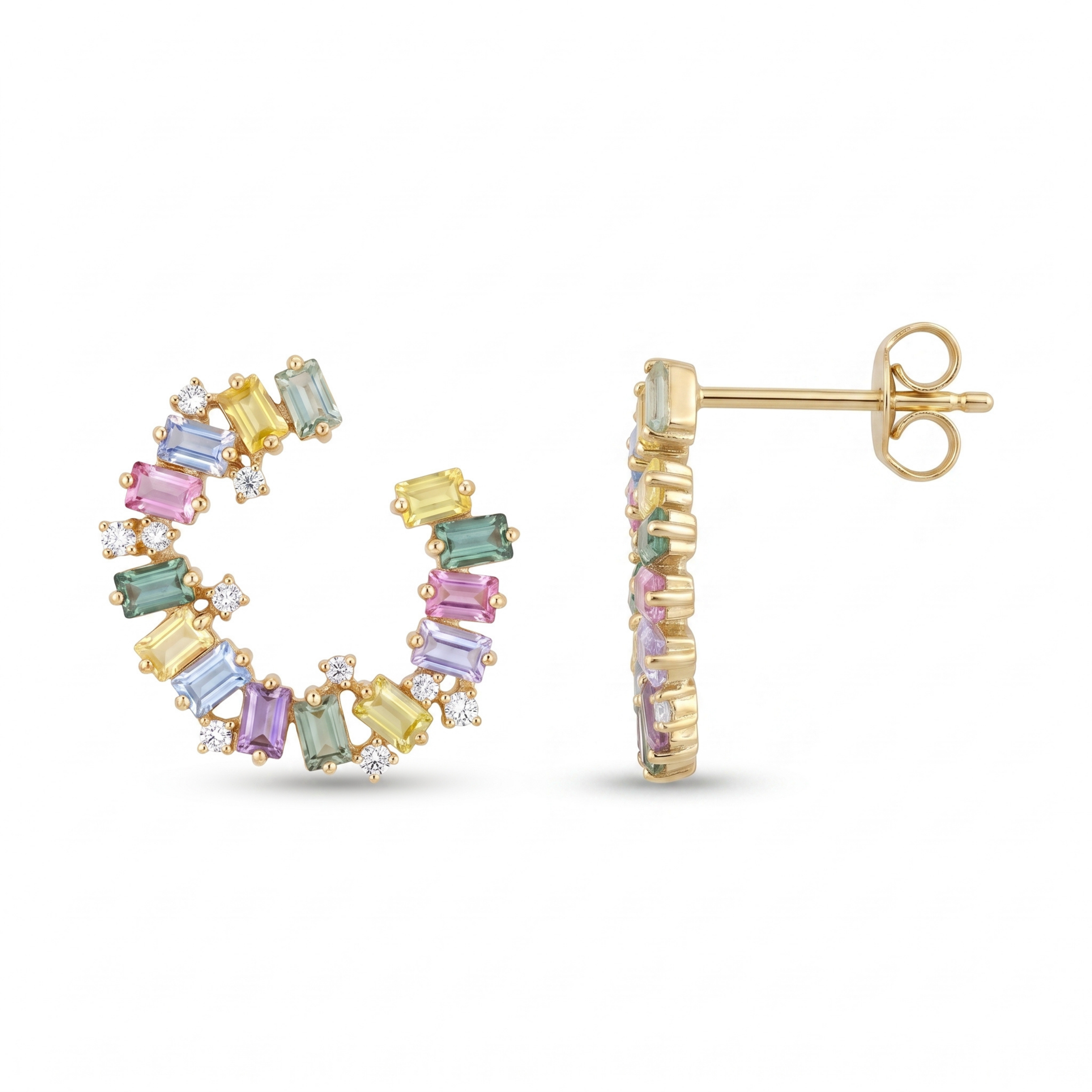 IGI Certified 3.34 Ct Multi Color Unheated Sapphire and Diamond 14K Yellow Gold Half Curved Hoop Earrings