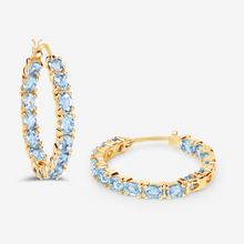 Load image into Gallery viewer, 14k Gold Plated Blue Topaz Hoop Earrings
