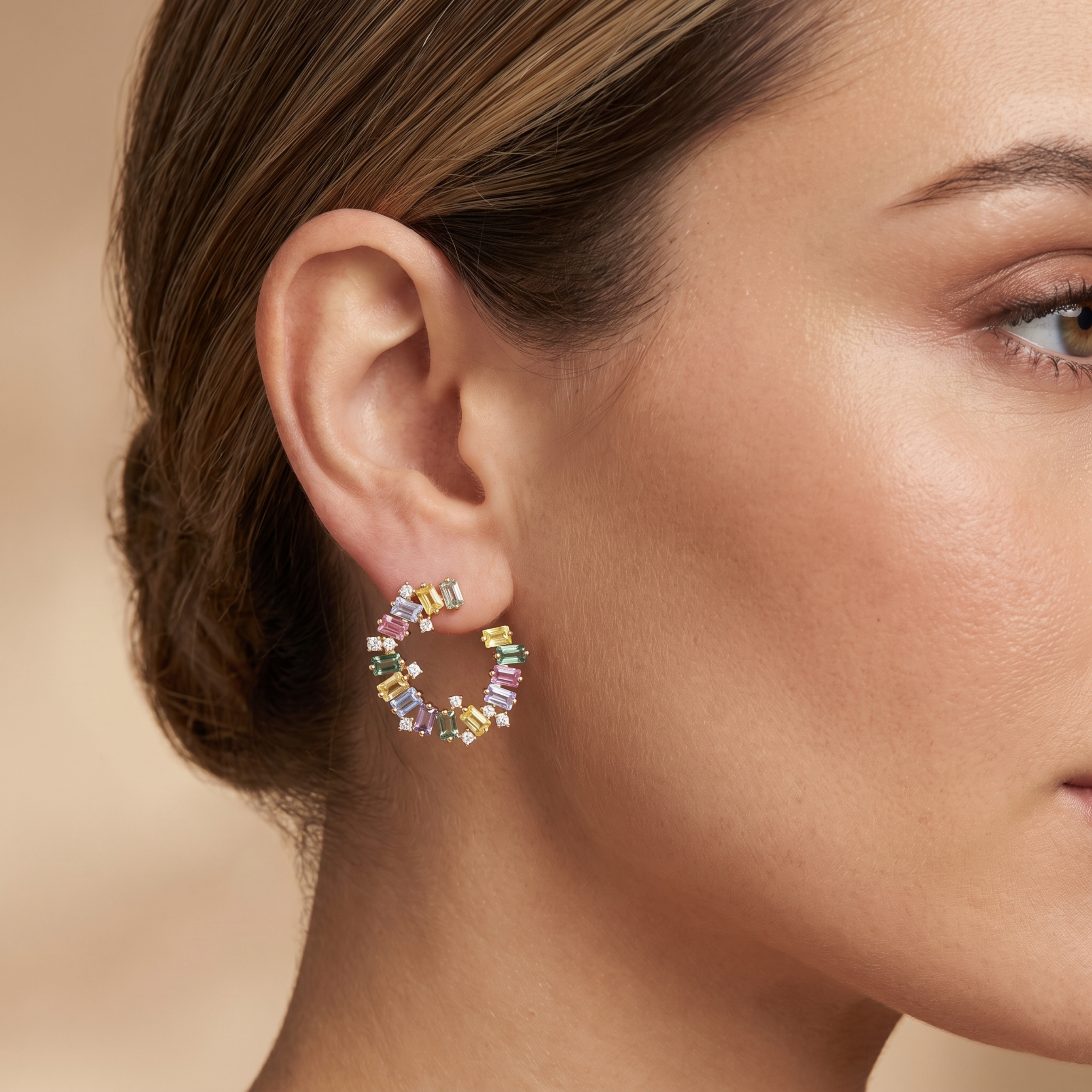 IGI Certified 3.34 Ct Multi Color Unheated Sapphire and Diamond 14K Yellow Gold Half Curved Hoop Earrings
