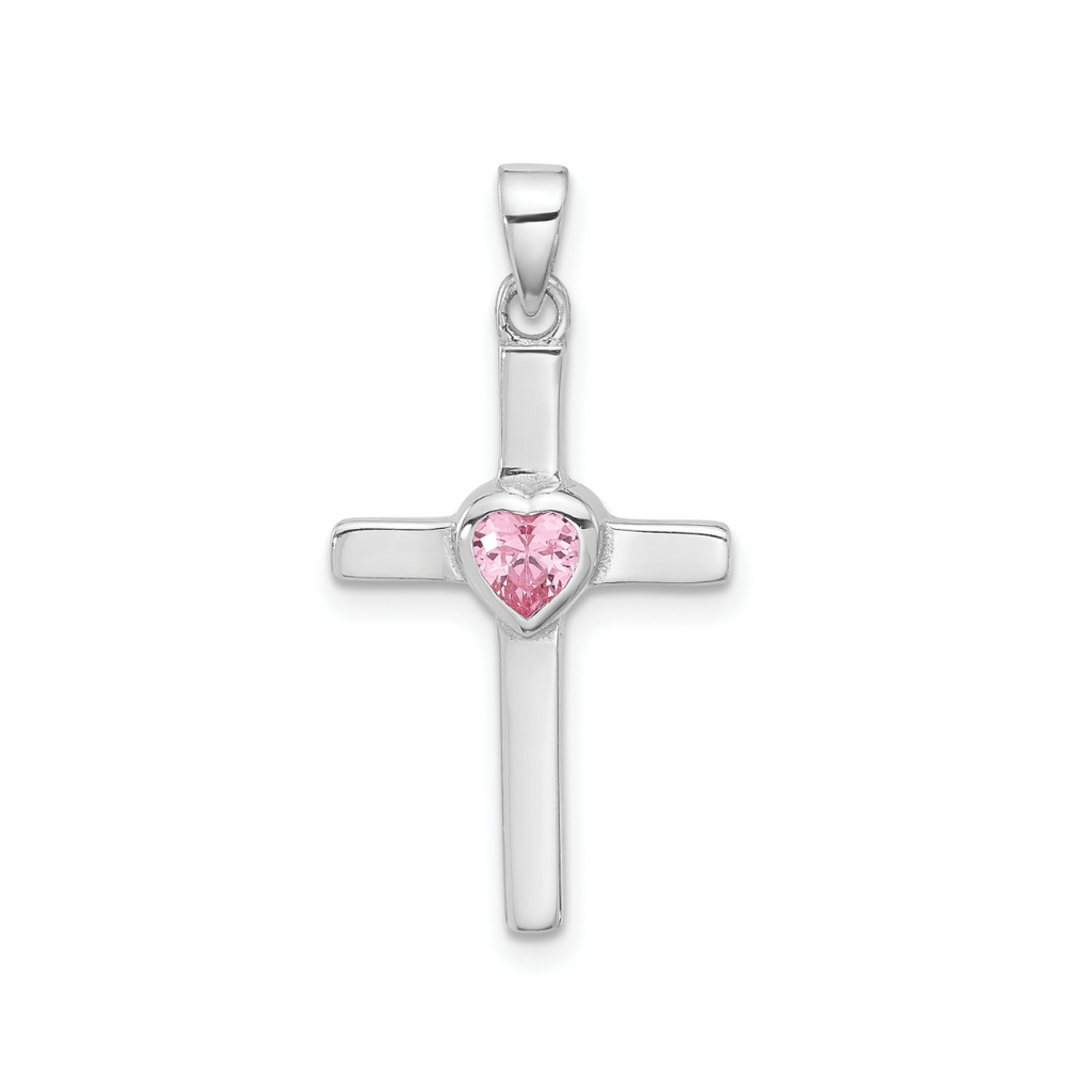 Pink Heart Cubic Zirconia Cross Pendant