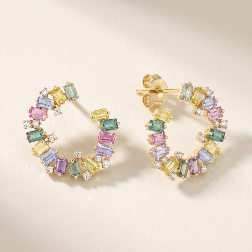 IGI Certified 3.34 Ct Multi Color Unheated Sapphire and Diamond 14K Yellow Gold Half Curved Hoop Earrings