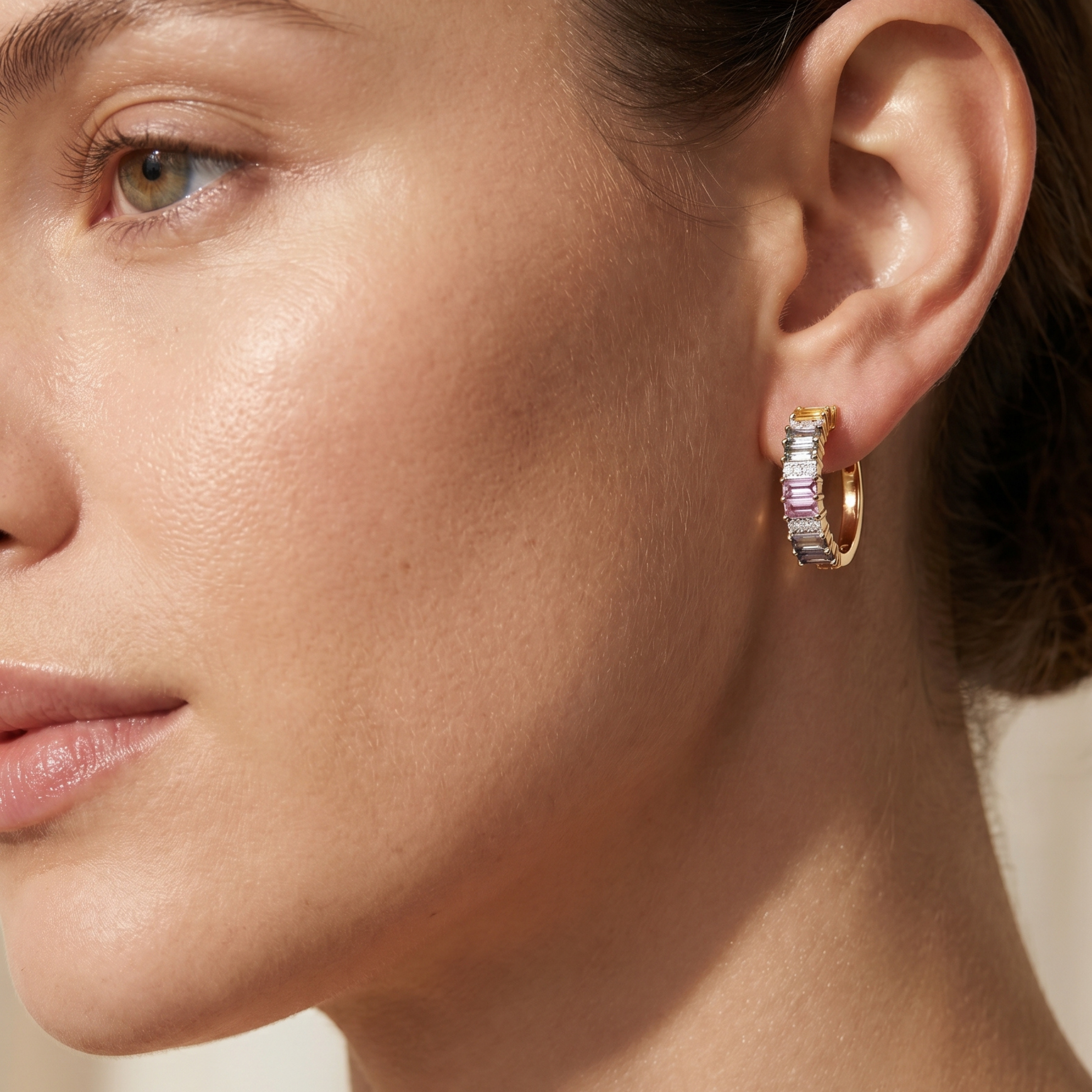 IGI Certified 2.10 Ct Multi Color Unheated Sapphire and Diamond 14K Yellow Gold Half Way Hoop Earrings