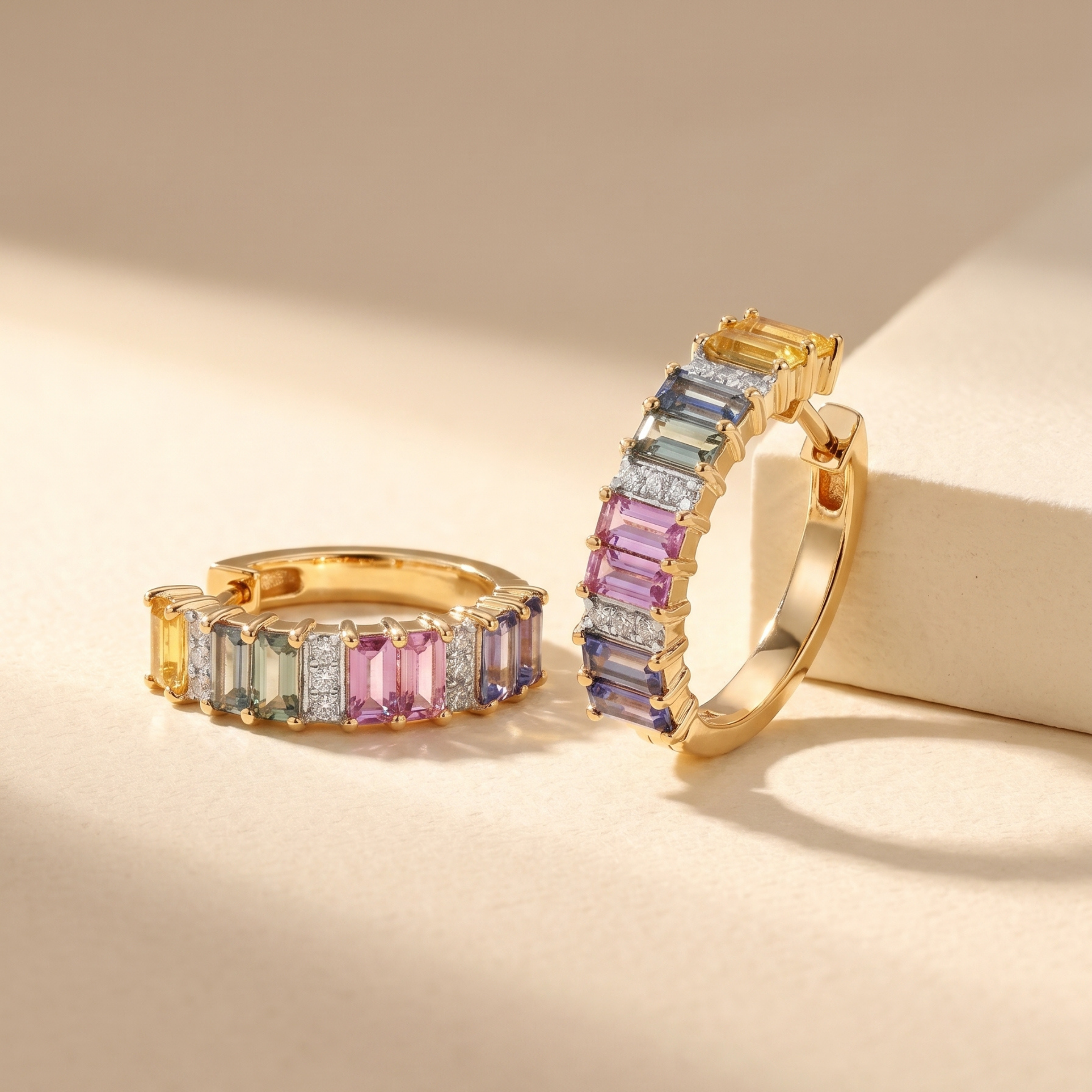 IGI Certified 2.10 Ct Multi Color Unheated Sapphire and Diamond 14K Yellow Gold Half Way Hoop Earrings
