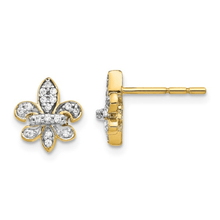 Load image into Gallery viewer, 14K Gold Diamond Fleur de Lis Post Earrings, lilly flower earrings, lab grown diamond earrings, lab grown jewelry, nature lover jewelry unique earrings designs