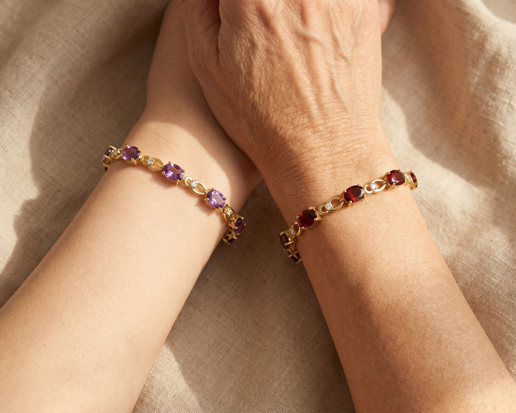 14k Yellow Gold Oval Purple Amethyst and Diamond Link 7 inch Bracelet