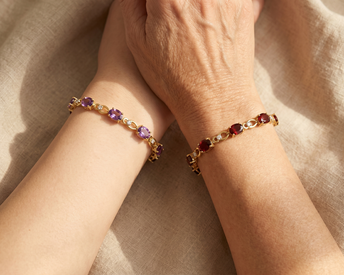 14k Yellow Gold Oval Purple Amethyst and Diamond Link 7 inch Bracelet