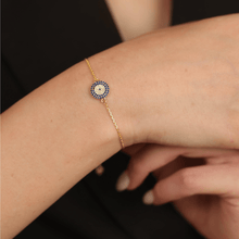 Load image into Gallery viewer, Elegant model hand showcasing the intricate details of ourEvil Eye Bracelet Gold Plated Silver Evil Eye Blue Sapphire Protection Bracelet Evil Eye Guardian Bracelet for Women Birthday Gift for Her