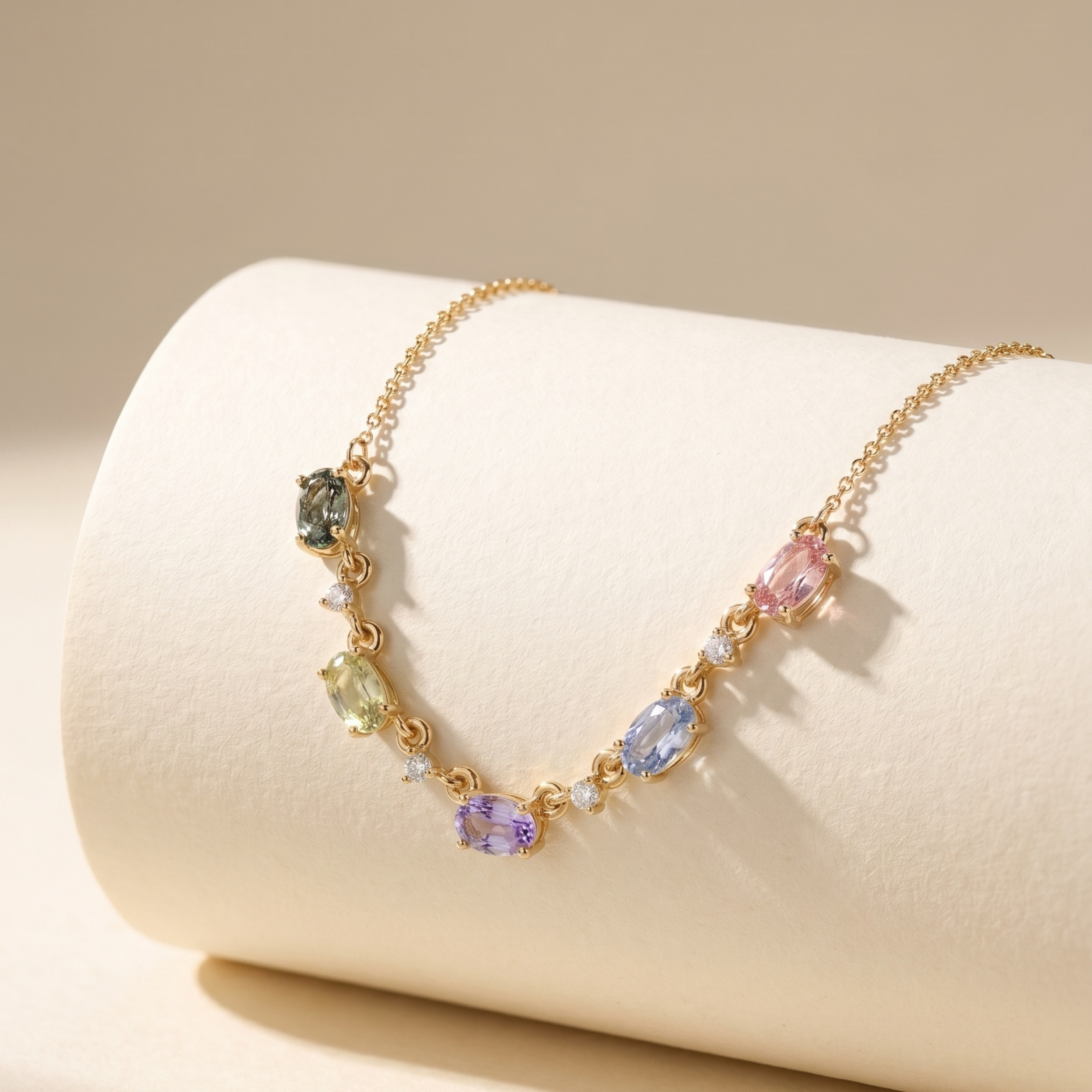 IGI Certified 1.80 Ct Multi Color Unheated Sapphire and Diamond 14K Yellow Gold Curved Necklace