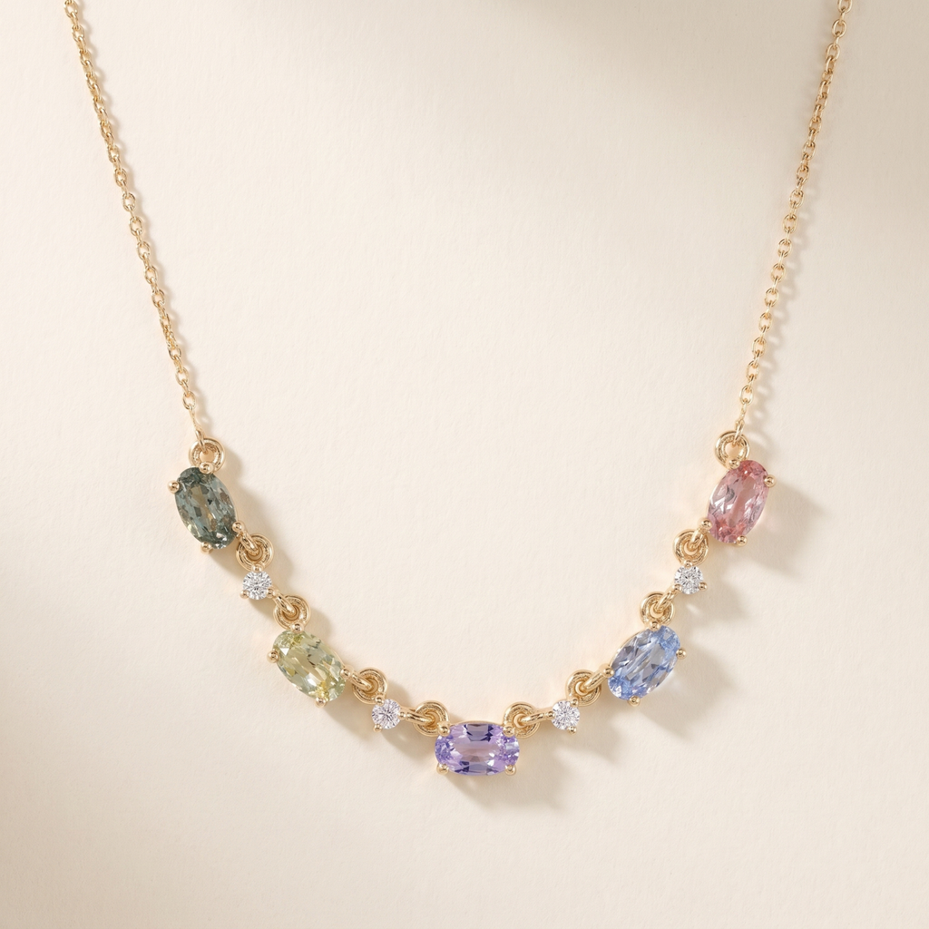 IGI Certified 1.80 Ct Multi Color Unheated Sapphire and Diamond 14K Yellow Gold Curved Necklace