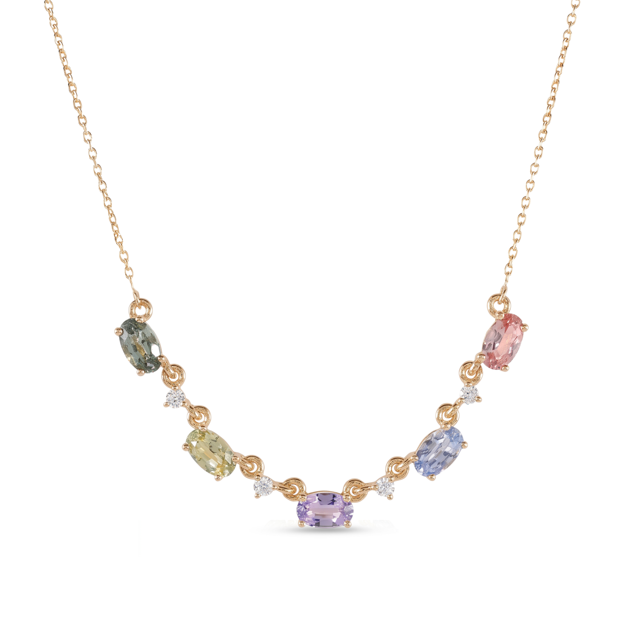 IGI Certified 1.80 Ct Multi Color Unheated Sapphire and Diamond 14K Yellow Gold Curved Necklace