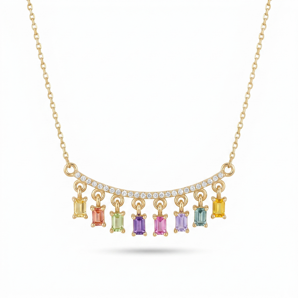 IGI Certified 0.78 Ct Baguette Multi Color Unheated Sapphire and Diamond 14K Yellow Gold Dangler Bar Necklace