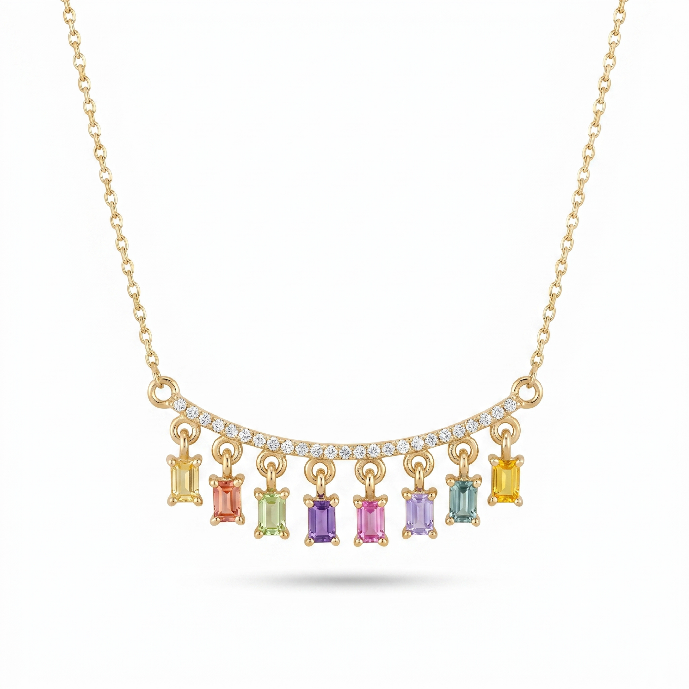 IGI Certified 0.78 Ct Baguette Multi Color Unheated Sapphire and Diamond 14K Yellow Gold Dangler Bar Necklace