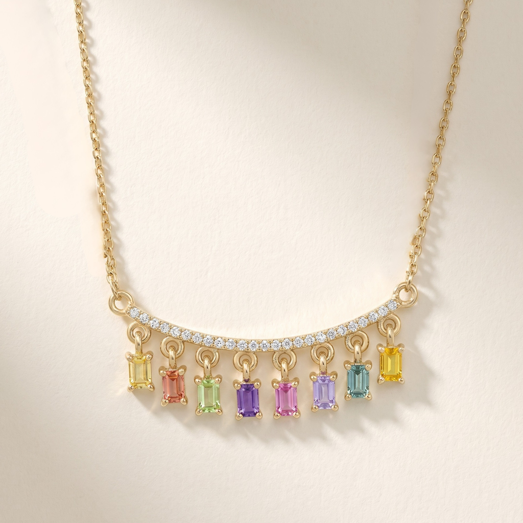 IGI Certified 0.78 Ct Baguette Multi Color Unheated Sapphire and Diamond 14K Yellow Gold Dangler Bar Necklace