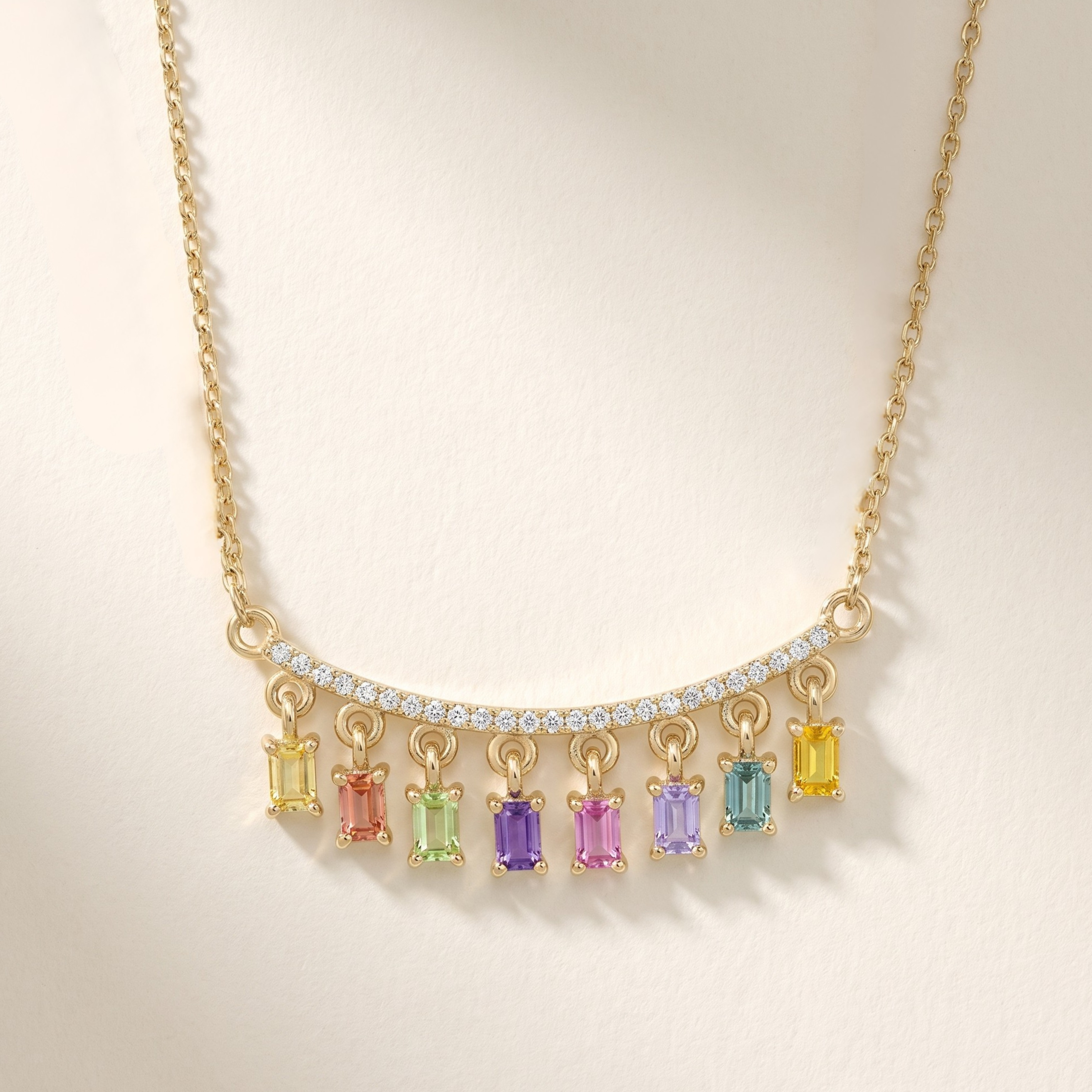 IGI Certified 0.78 Ct Baguette Multi Color Unheated Sapphire and Diamond 14K Yellow Gold Dangler Bar Necklace