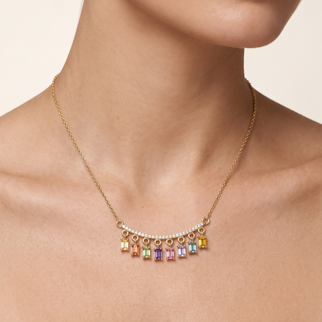 IGI Certified 0.78 Ct Baguette Multi Color Unheated Sapphire and Diamond 14K Yellow Gold Dangler Bar Necklace