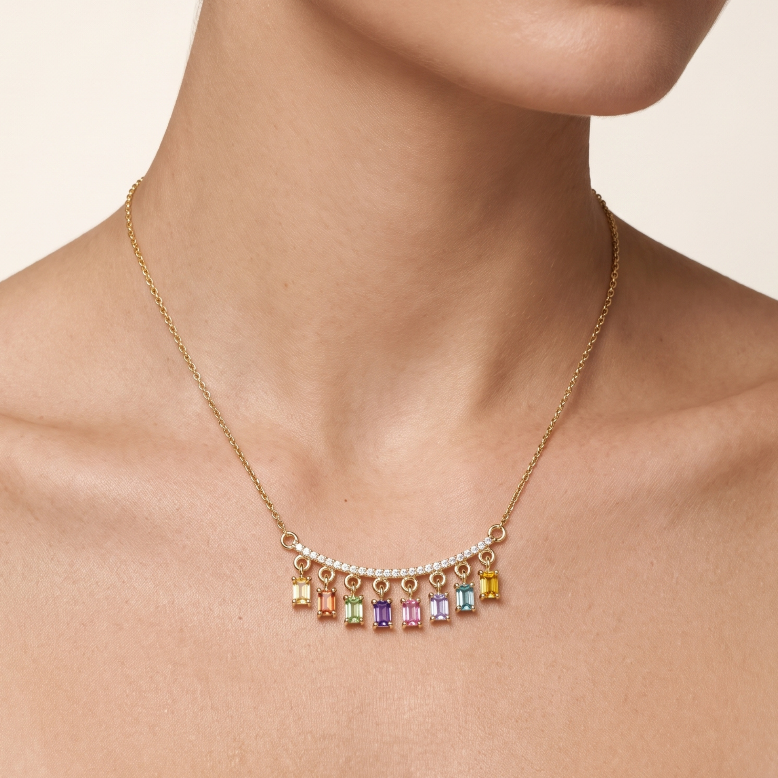 IGI Certified 0.78 Ct Baguette Multi Color Unheated Sapphire and Diamond 14K Yellow Gold Dangler Bar Necklace