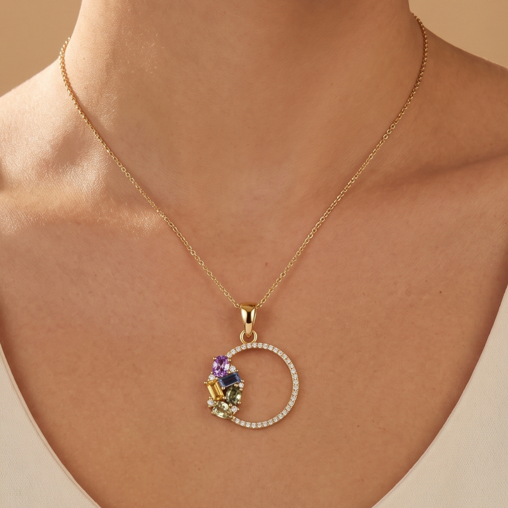 IGI Certified 0.83 Ct Multi Color Unheated Clustered Sapphire Diamond 14K Yellow Gold Wreath Pendant Necklace