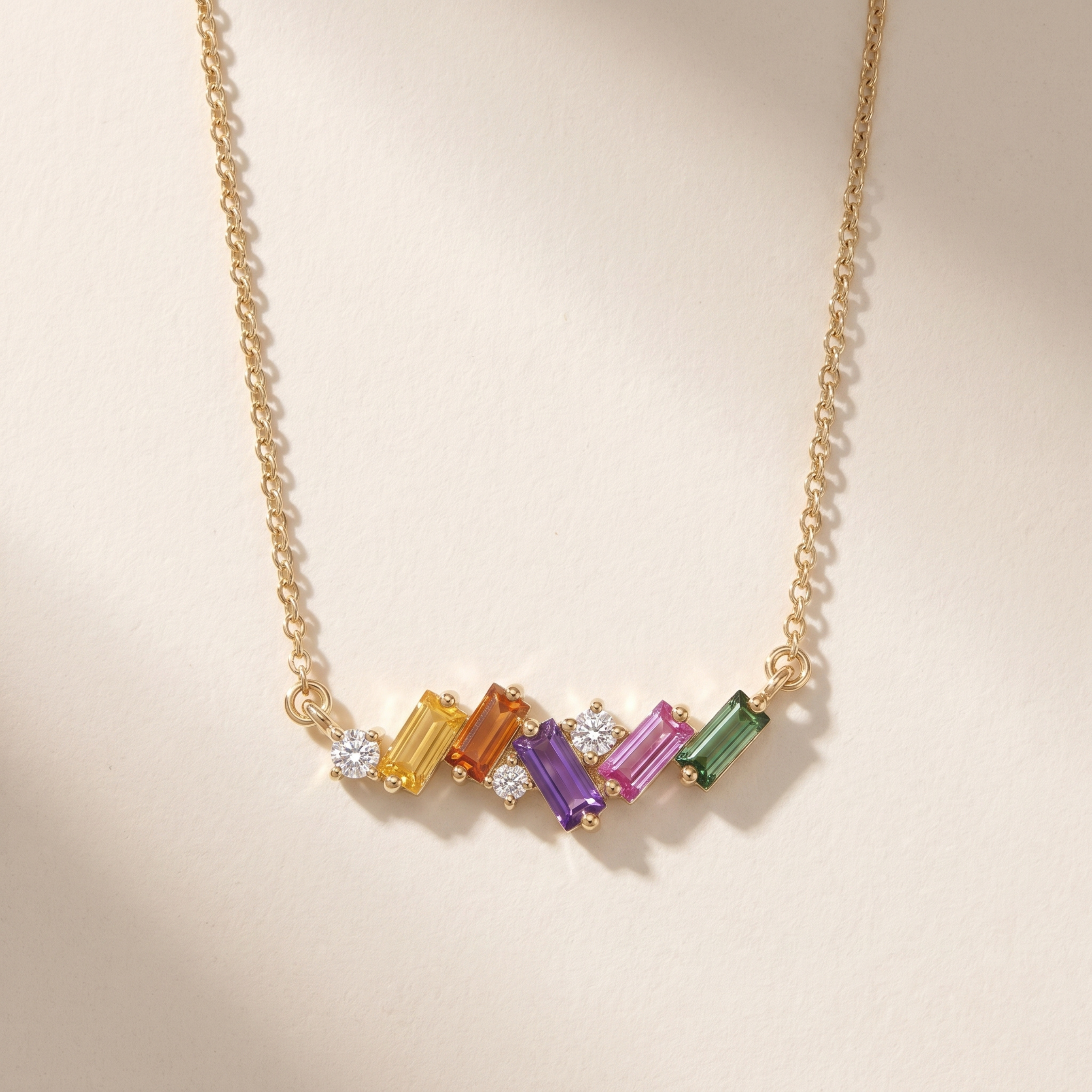 IGI Certified 0.71 Ct Multi Color Unheated Sapphire and Diamond 14K Yellow Gold Baguette Necklace
