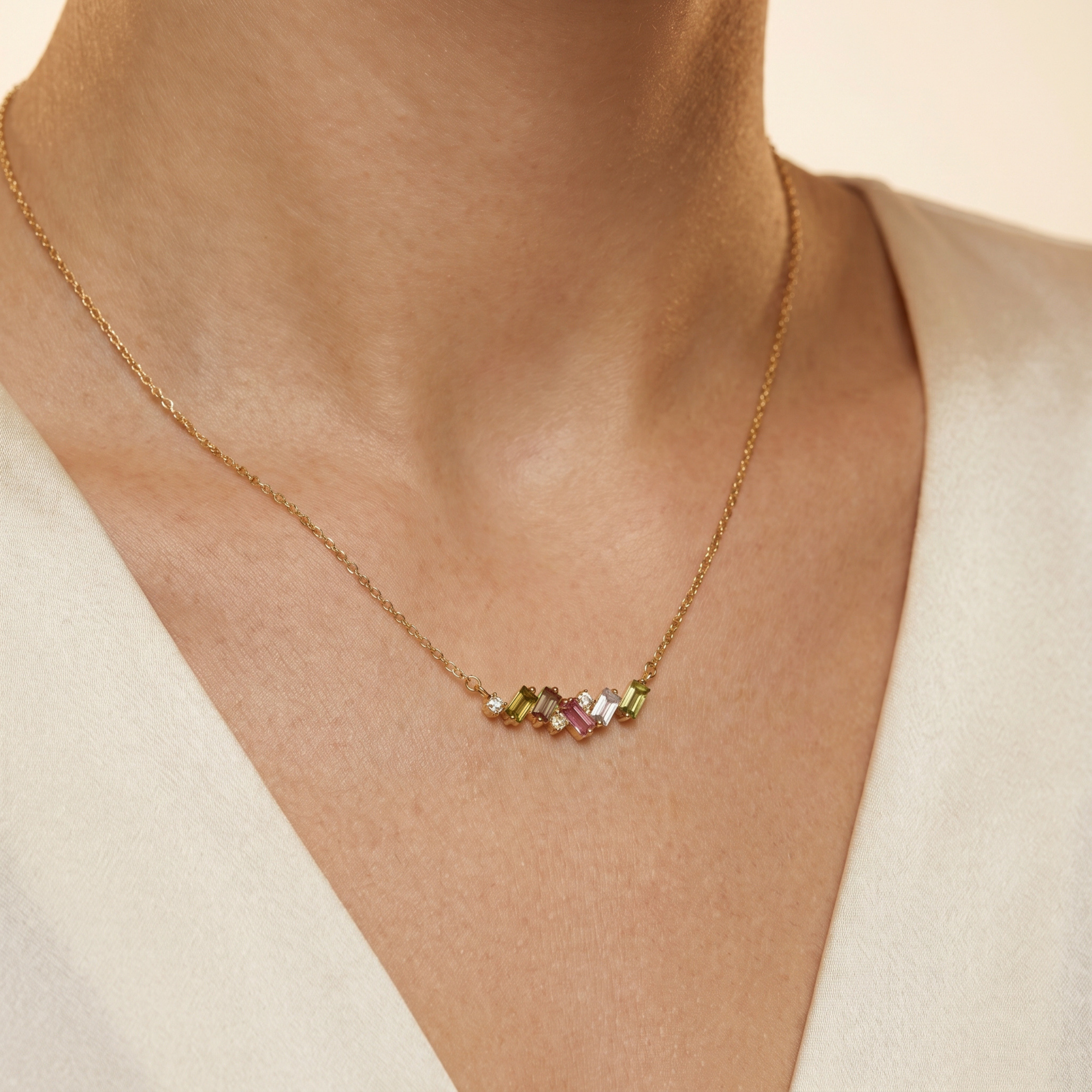 IGI Certified 0.64 Ct Baguette Multi Color Unheated Sapphire and Diamond 14K Yellow Gold Asymmetrical Bar Necklace