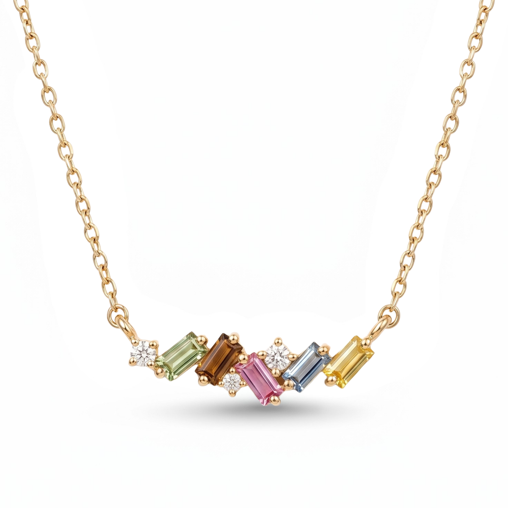 IGI Certified 0.64 Ct Baguette Multi Color Unheated Sapphire and Diamond 14K Yellow Gold Asymmetrical Bar Necklace