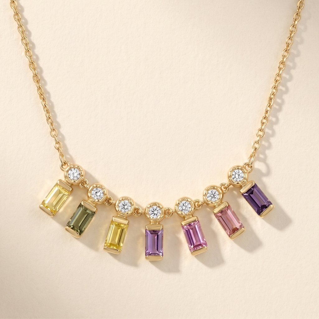 IGI Certified 0.65 Ct Baguette Multi Color Unheated Sapphire Diamond 14K Gold Rainbow Dangler Bar Necklace