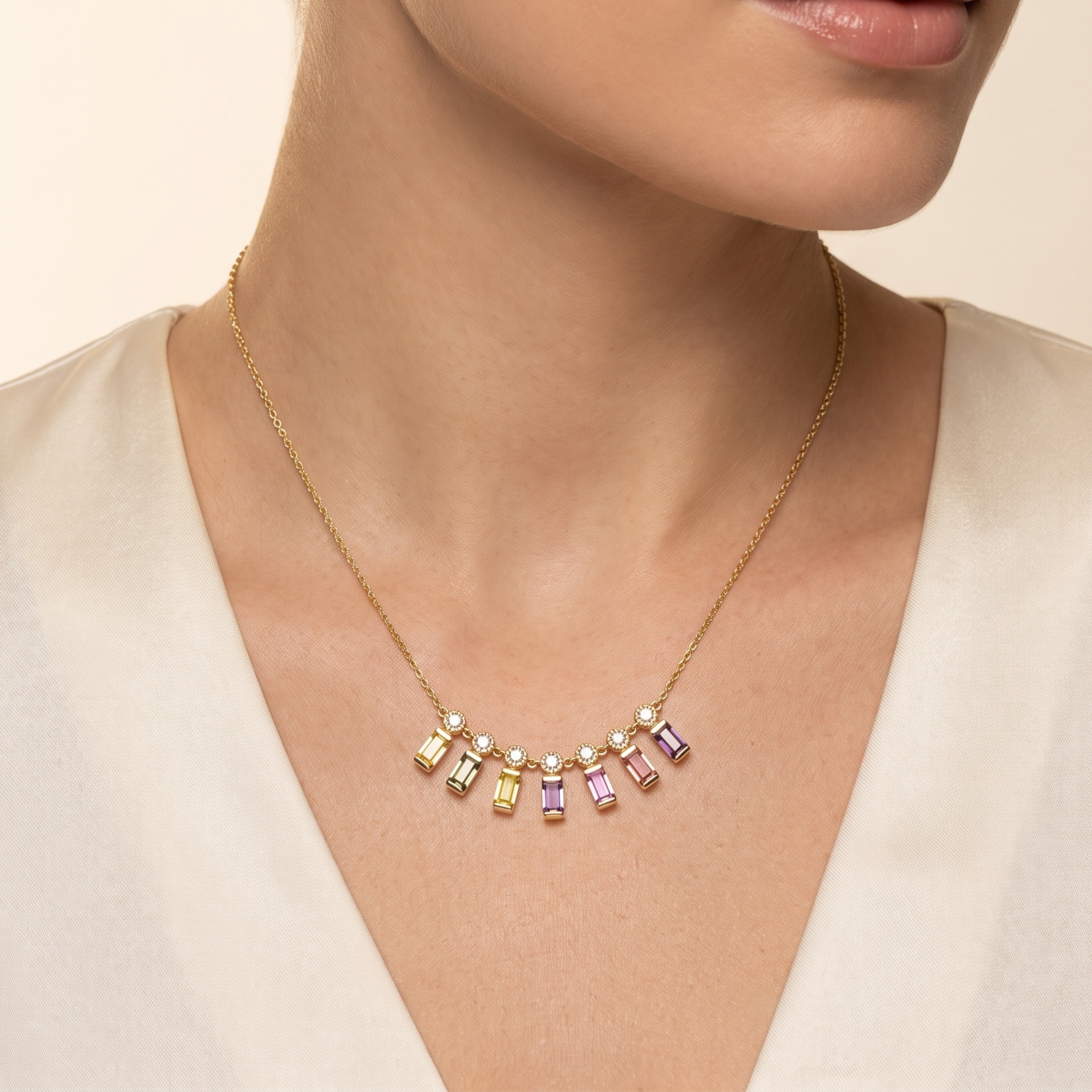IGI Certified 0.65 Ct Baguette Multi Color Unheated Sapphire Diamond 14K Gold Rainbow Dangler Bar Necklace