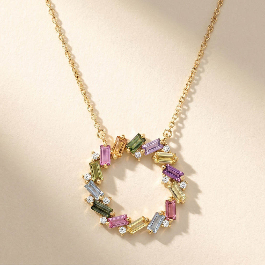IGI Certified 1.71 Ct Multi Color Unheated Sapphire Diamond 14K Yellow Gold Circle Wreath Pendant Necklace