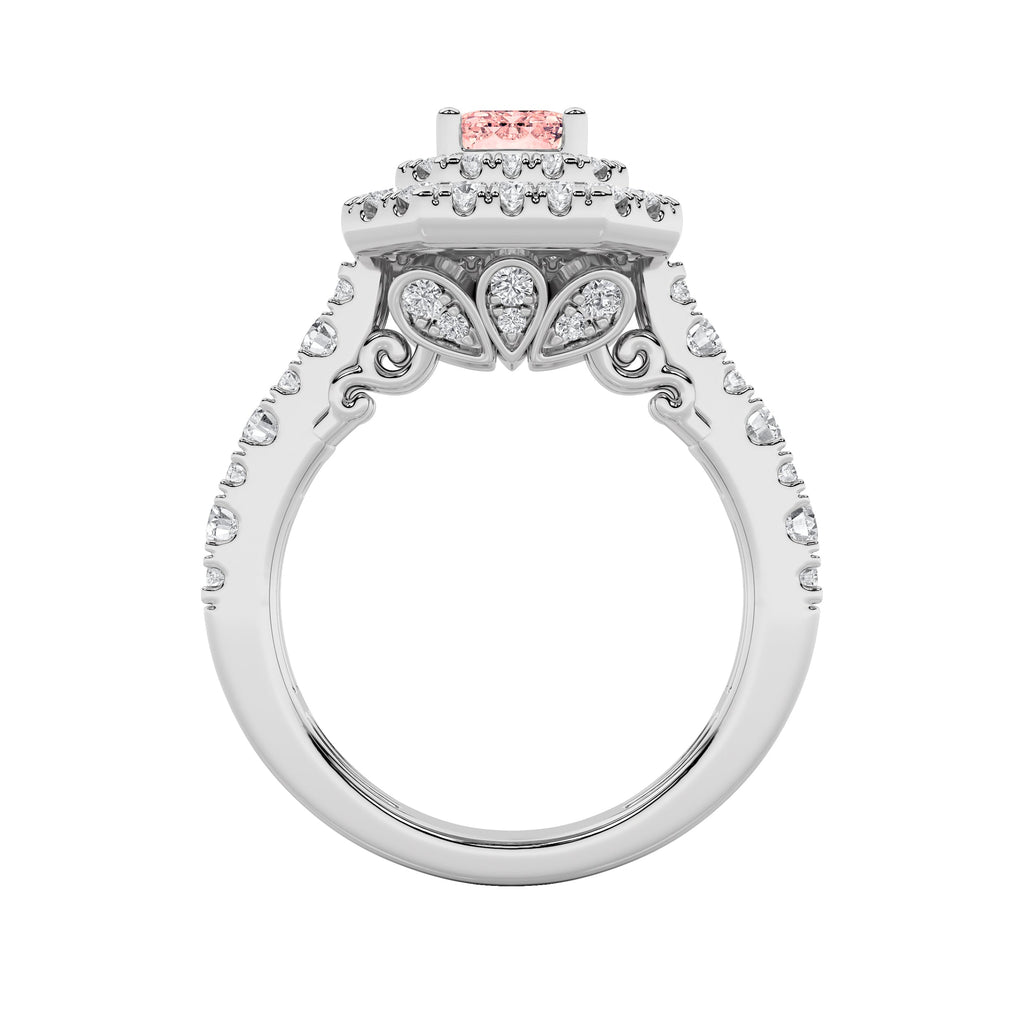 2Cttw Emerald Shaped Lab Grown Diamond (F/VS) Double Halo Engagement Ring in 14K Gold