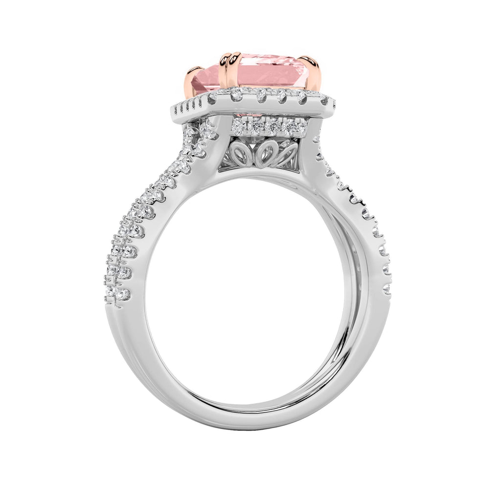 4Cttw Emerald Shaped Lab Grown Diamond (F/VS) Split Shank Halo Engagement Ring in 14K Gold