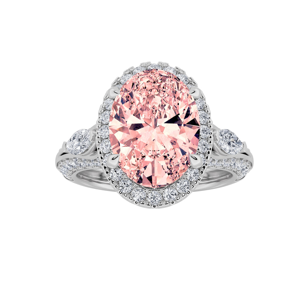 3Cttw Oval Shaped Lab Grown Diamond (F/VS) Three Stone Halo Enagement Ring in 14K Gold