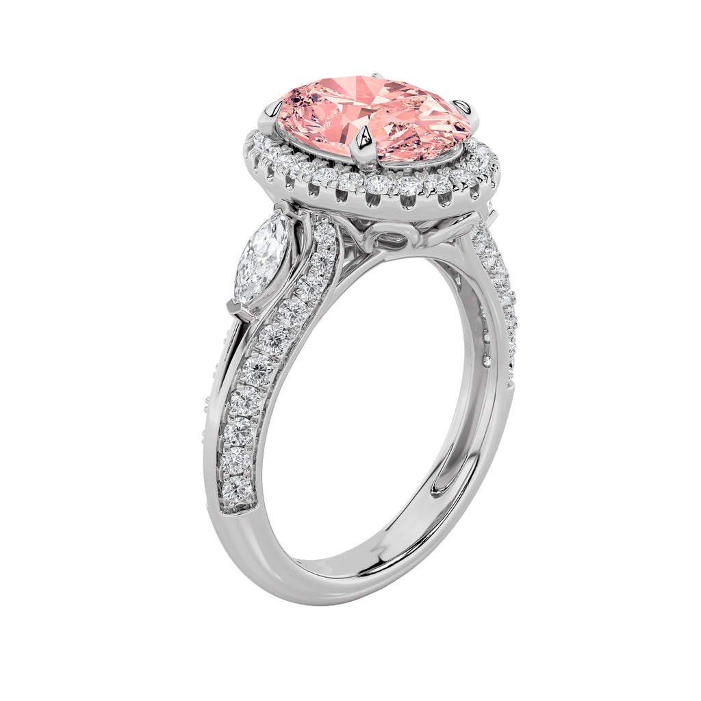 3Cttw Oval Shaped Lab Grown Diamond (F/VS) Three Stone Halo Enagement Ring in 14K Gold